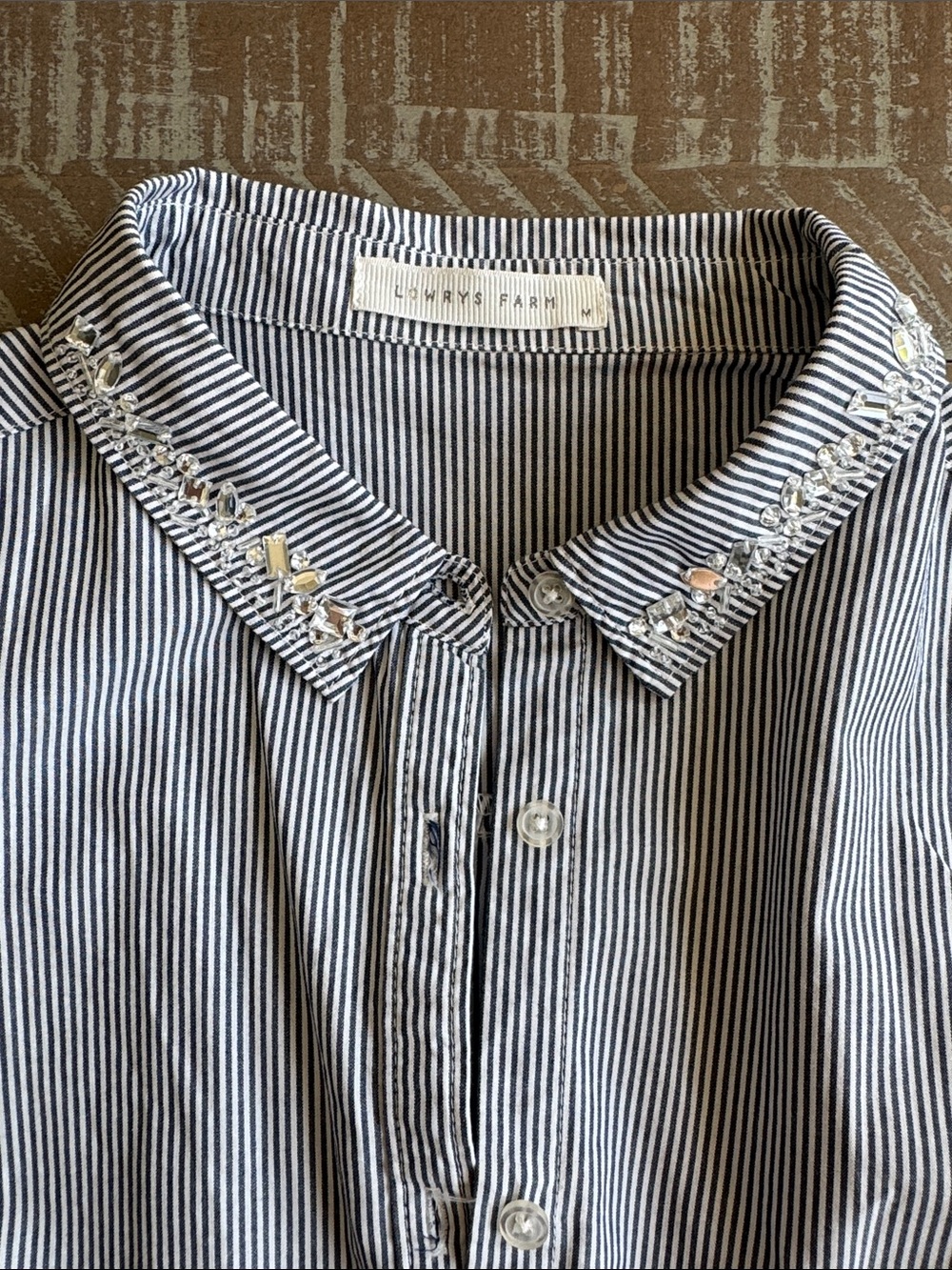 Sleeveless Striped Button-Down Shirt with Embellished Collar - Blue/White - Picture 6 of 12